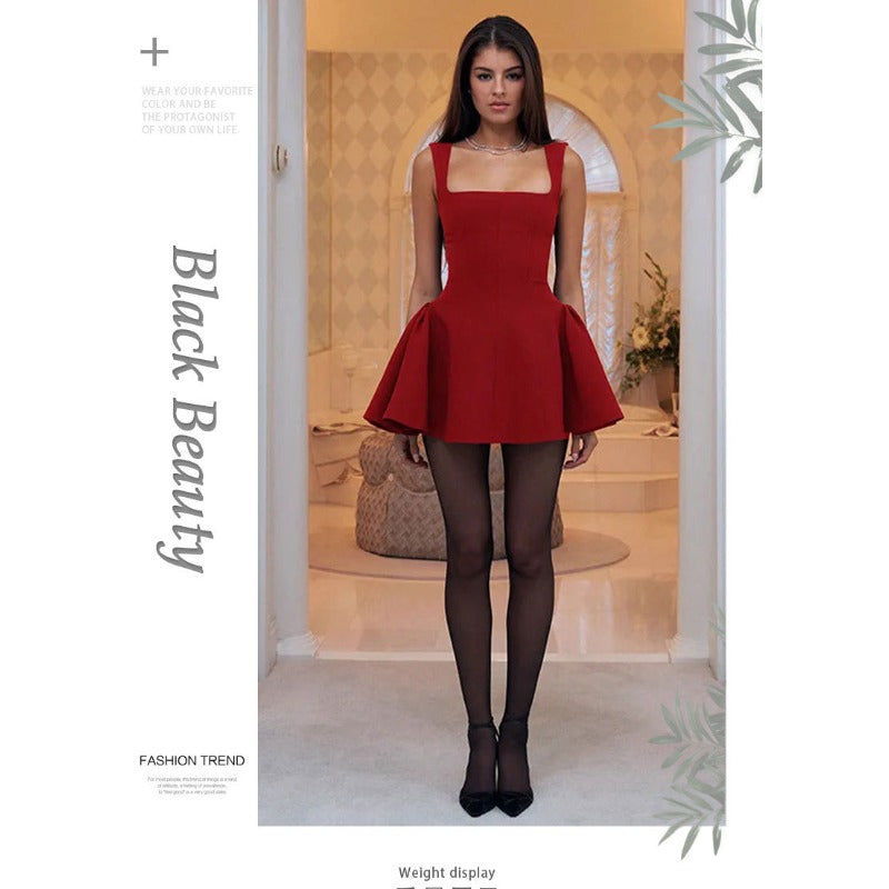Women's dress cross-border fashion style export waist a-line vest dress spring and summer square collar silm short skirt for women