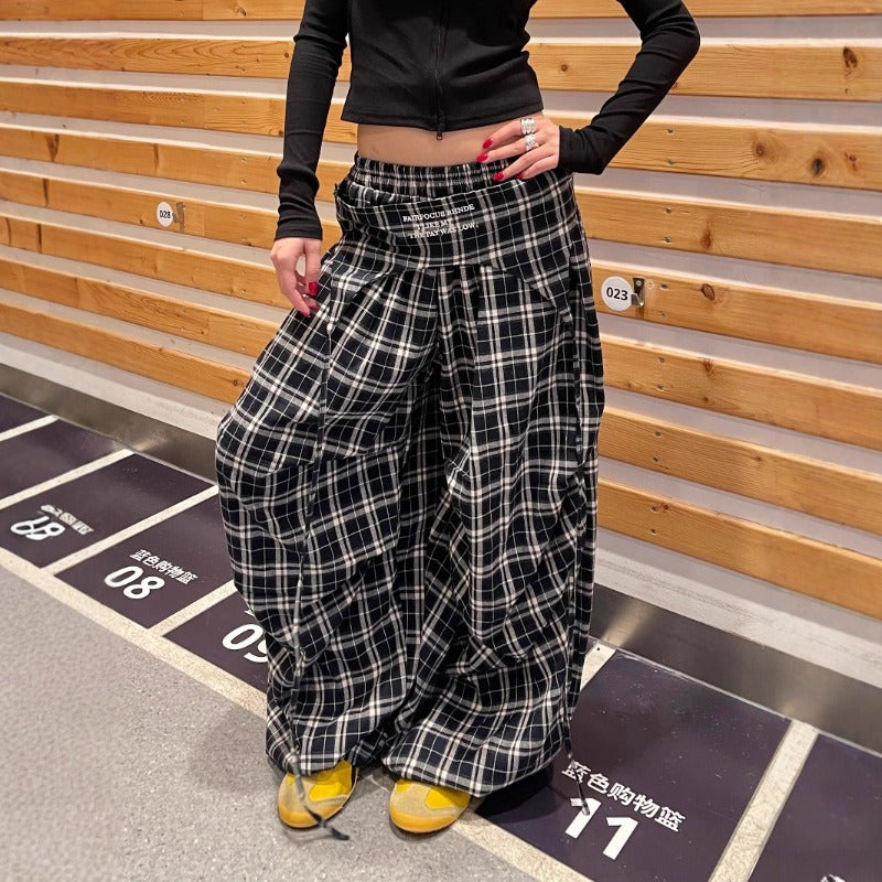 Women casual pants stacked fart curtain women loose plaid