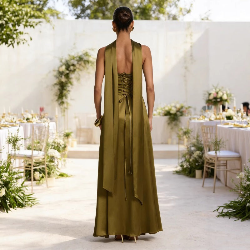 Women's dress - european & american style, sexy, slimming, backless, amazon-inspired bandeau, cinched waist, long formal gown