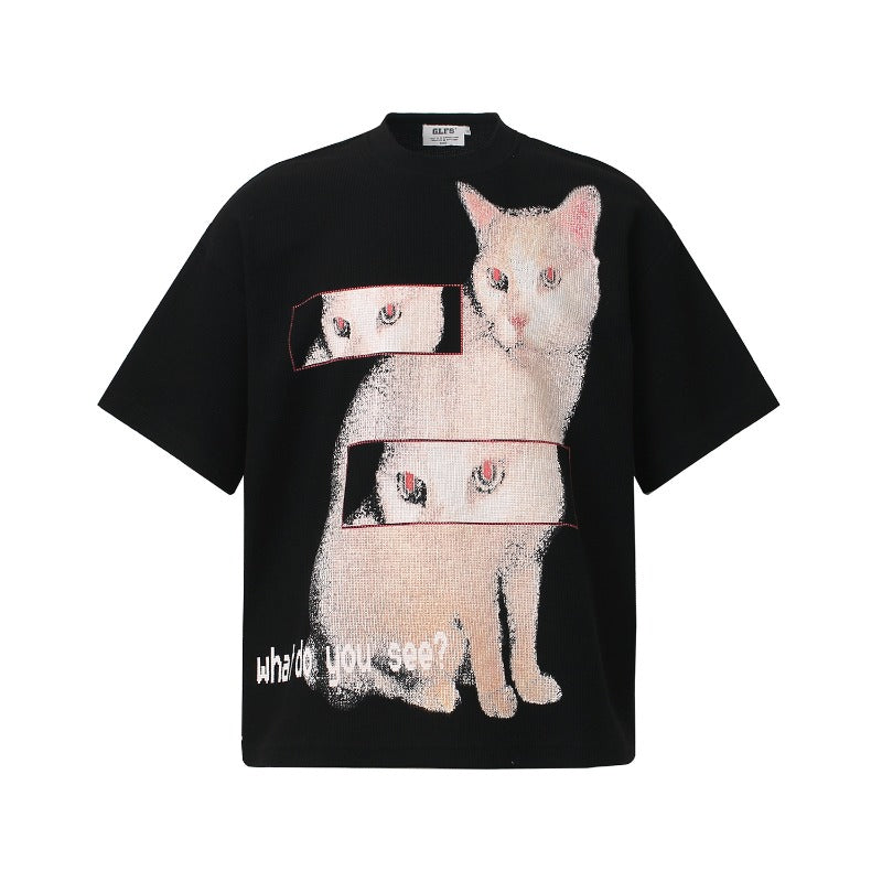 Men t shirts t american retrocouple street trendy waffle grids fabric cat design high street men's loose small round neck t-shirt