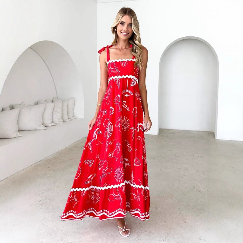 Women's dress - cross-border e-commerce, european & american style, floral print, wavy tie-up straps, a-line dress, elegant women's dress