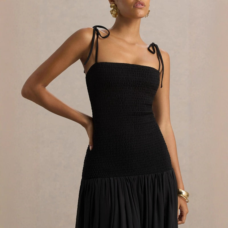 Women's dress: european and american cross-border spring solid color sleeveless spaghetti strap pleated bodycon tulle maxi dress