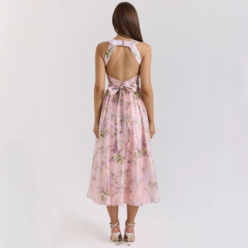 Women's dress amazon wholesale summer french sweet & spicy designer print halter neck slim fit slit dress