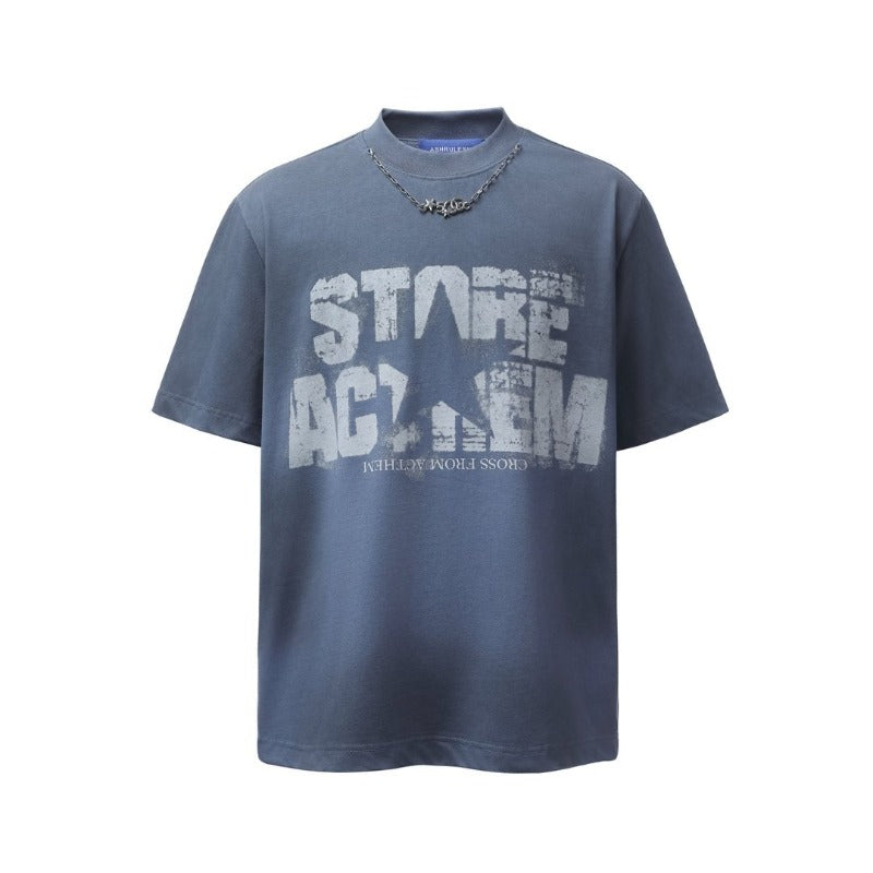 Men's t-shirts: american retro heavyweight double yarn high-quality spray-painted letter print design, men's loose fit short sleeve t-shirt