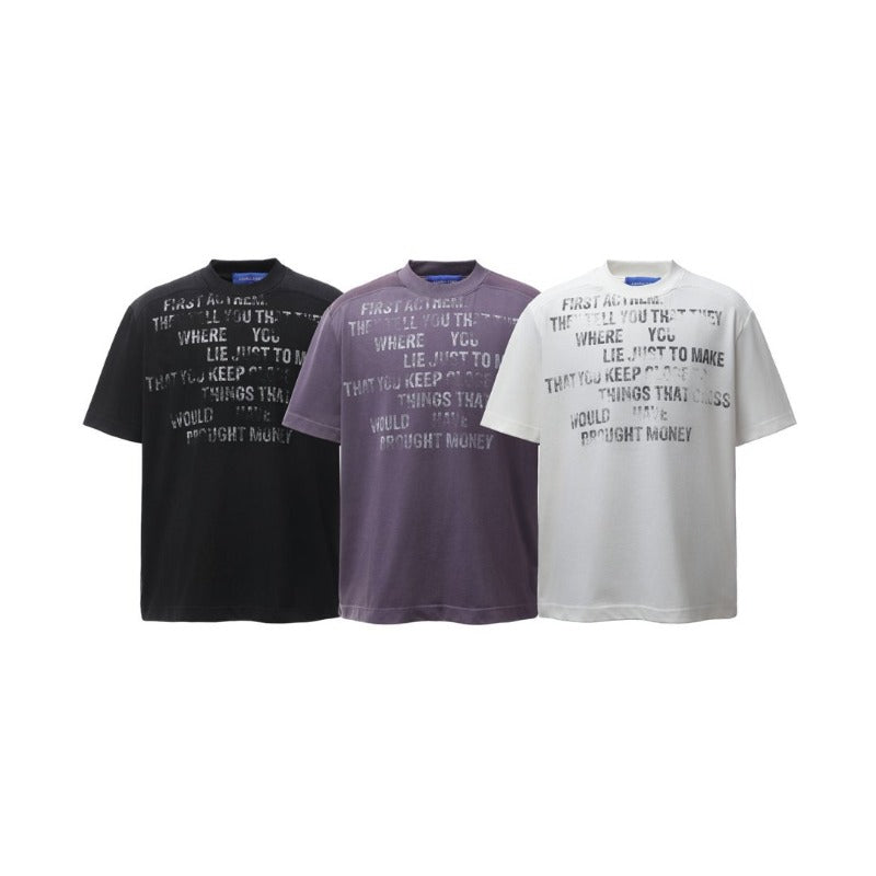Men's t-shirts: american retro heavyweight double yarn high-quality high-street washed & distressed printed men's loose-fit short-sleeve t-shirt