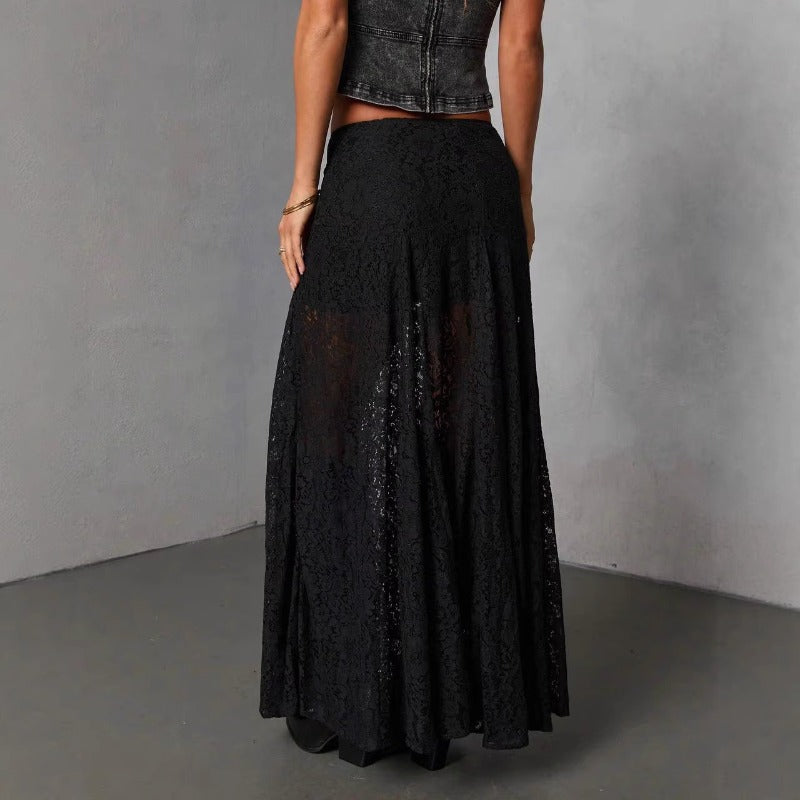 Women's dress: versatile black lace see-through sexy ankle-length skirt - european & american style, summer fashion, mid-waist, work-ready midi skirt for women