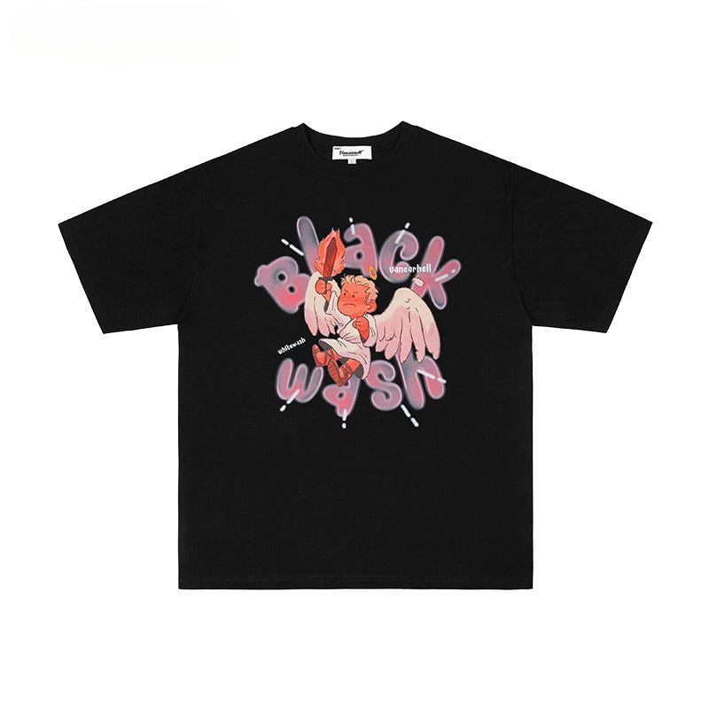 Mens T Shirts Cartoon Angel Print Short Sleeve OversizeT-Shirt