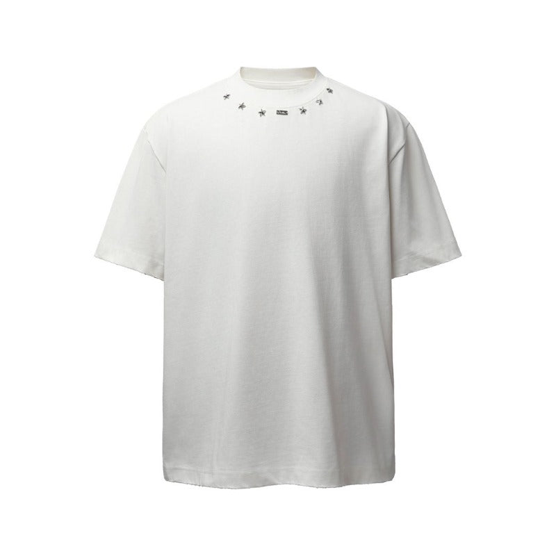Men's t-shirts: american retro heavyweight double yarn metallic detail design, men's crew neck high street oversized short sleeve tee