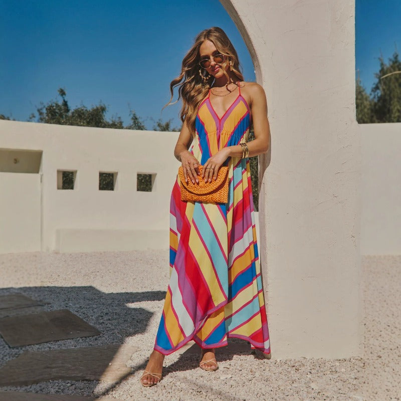 Women's spring/summer off-the-shoulder v-neck camisole dress - floral print, flowy maxi dress, elegant formal wear