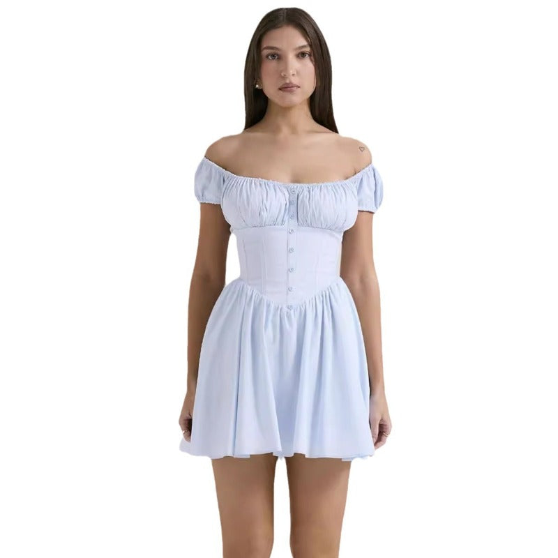 Women's dress - standalone store summer solid color dress - european and american style puff sleeve cinched waist buttoned short dress for women