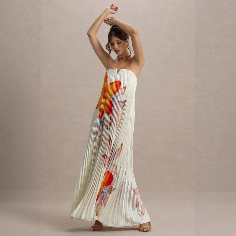 Women's dress - amazon independent site, cross-border e-commerce, european & american export, printed bandeau, loose fit, heavily pleated, long maxi dress for women