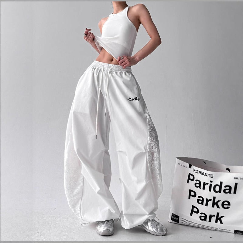 Women casual pants women's summer thin retro lace stitching loose wide-leg pants