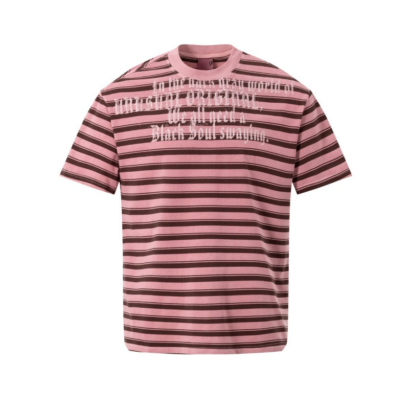 Men's t-shirts - american high street retro streetwear couple style striped letter design men's crew neck slightly loose short sleeve t-shirt