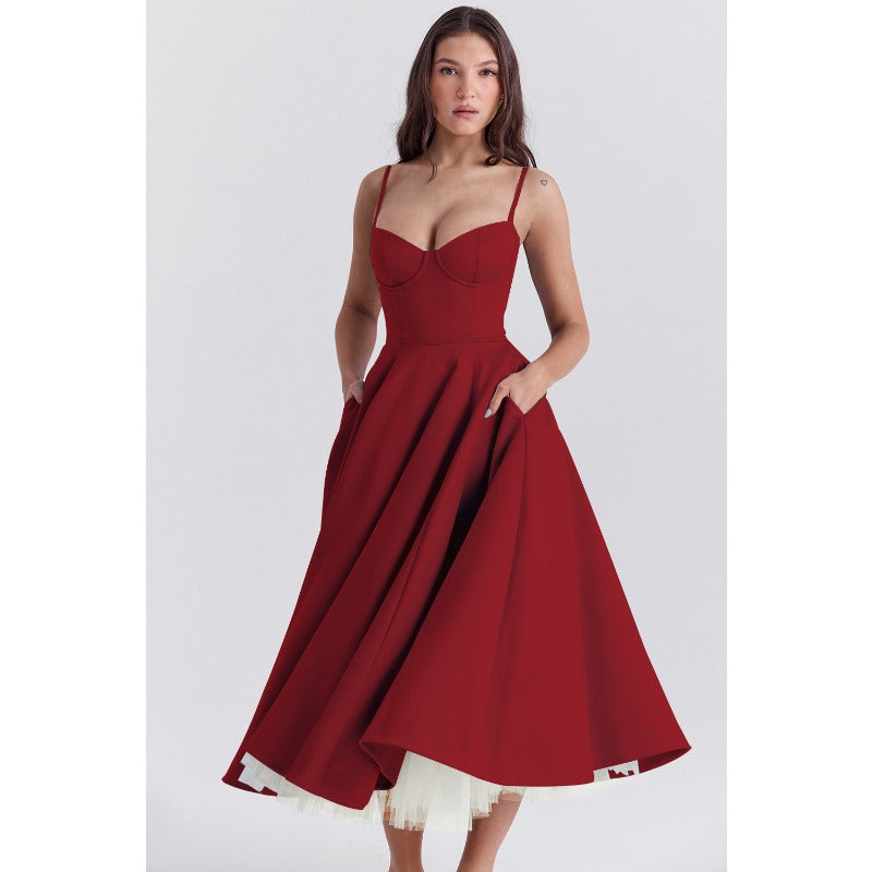 Women's summer dress: european and american high-end princess gown, french style mesh a-line double layer spaghetti strap dress