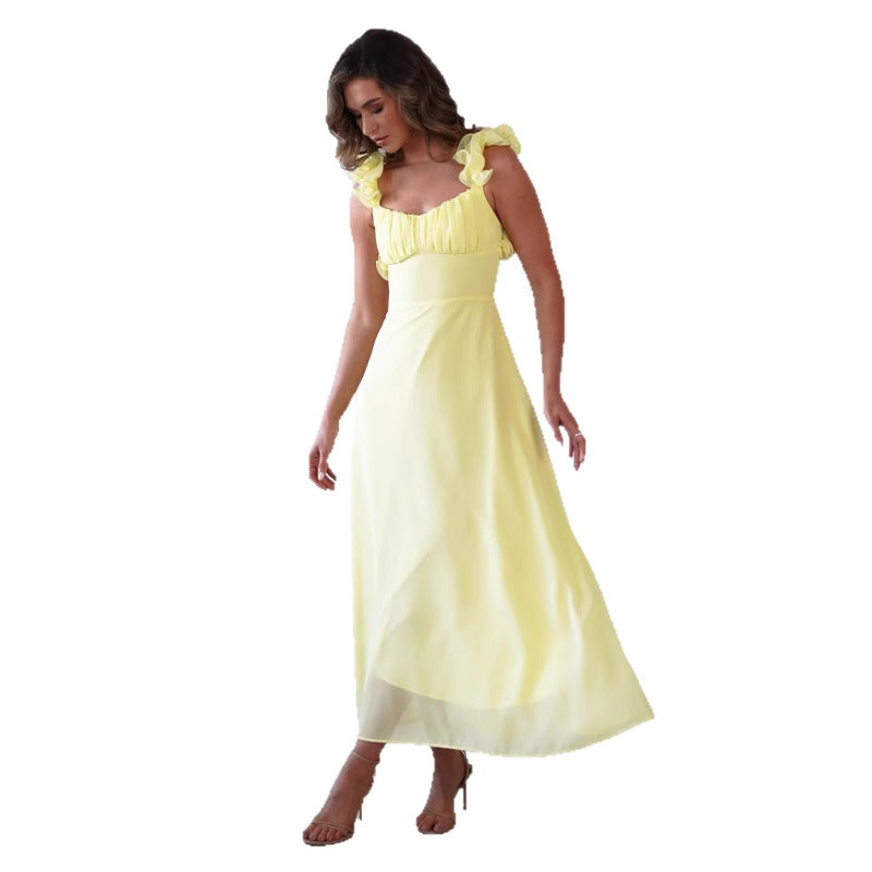 Women's dress - cross-border fashion, european & american style, independent website, elegant & chic, tie-waist a-line solid color midi dress
