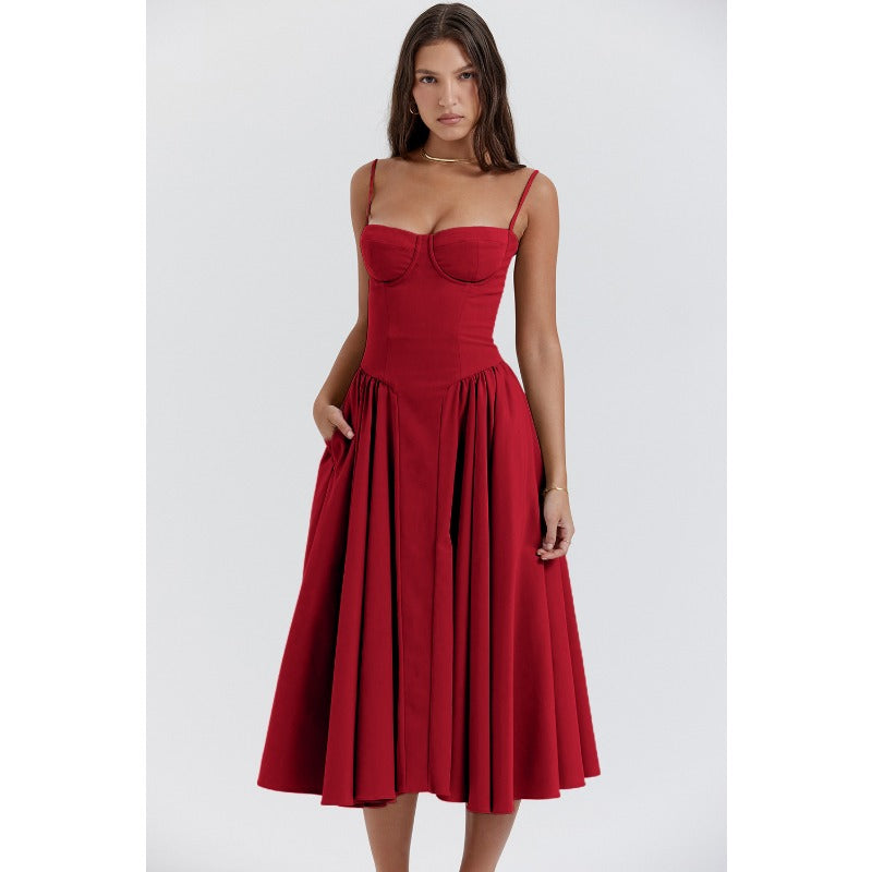 Women's summer amazon dress: french retro long dress, court style dopamine outfit, spaghetti strap dress for women