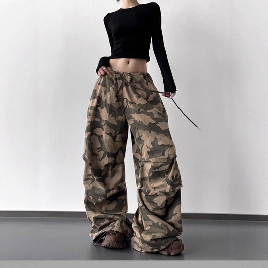 Women casual pants retro camouflage women elastic high waist loose