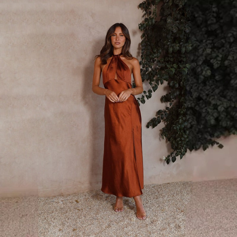Women's dress - cross-border fashion: spring/summer european & american style - sexy, cinched waist, halter neck, slit, long satin sleeveless dress for women