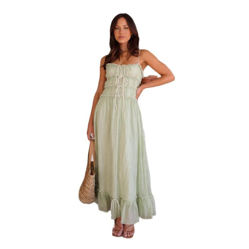 Women's a-line dress - spring/summer collection for cross-border e-commerce: european & american style, casual vacation look with lace trim, high-waisted spaghetti strap dress