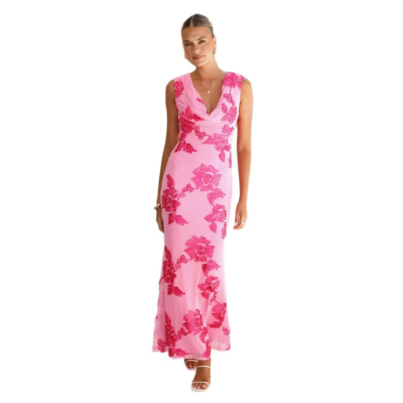 Women's dress: european and american summer 3d embroidered backless personality tie-up maxi dress - exquisite floral embroidery banquet gown