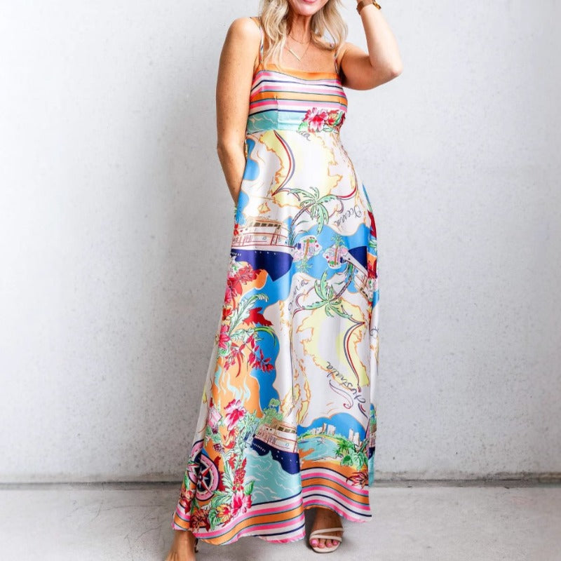 Women's dress - in stock, ready to ship: summer european & american style sexy high-waisted printed maxi slip dress - perfect for vacation!