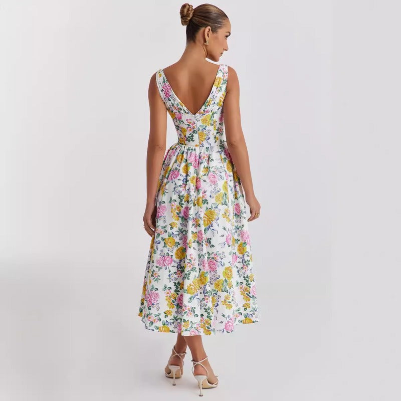 Women's dress - summer export, elegant v-neck, cinched waist, sleeveless, floral print, vacation dress, midi length