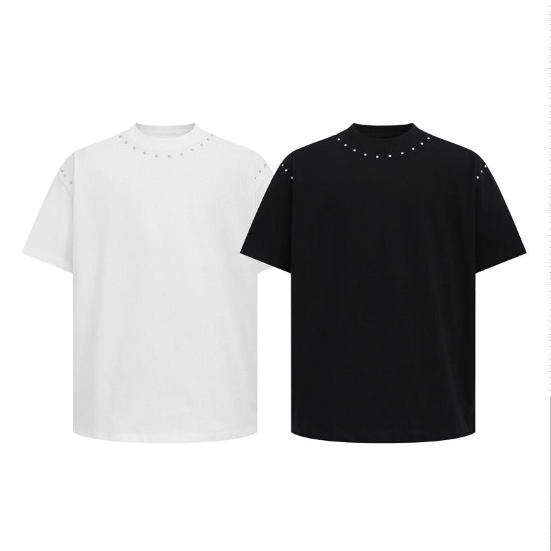 Men's t-shirts: american streetwear summer style - deconstructed solid color premium beaded design short sleeve tee