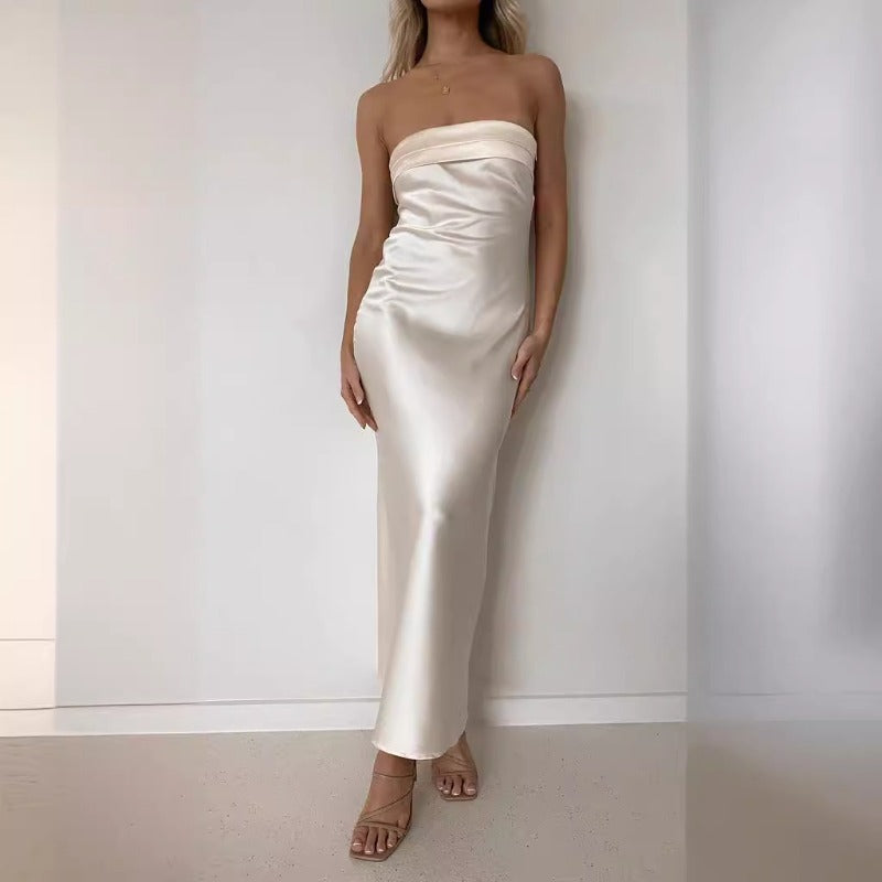 Women's dress - cross-border fashion, european & american amazon style, spring/summer elegant socialite satin backless bandeau dress with print