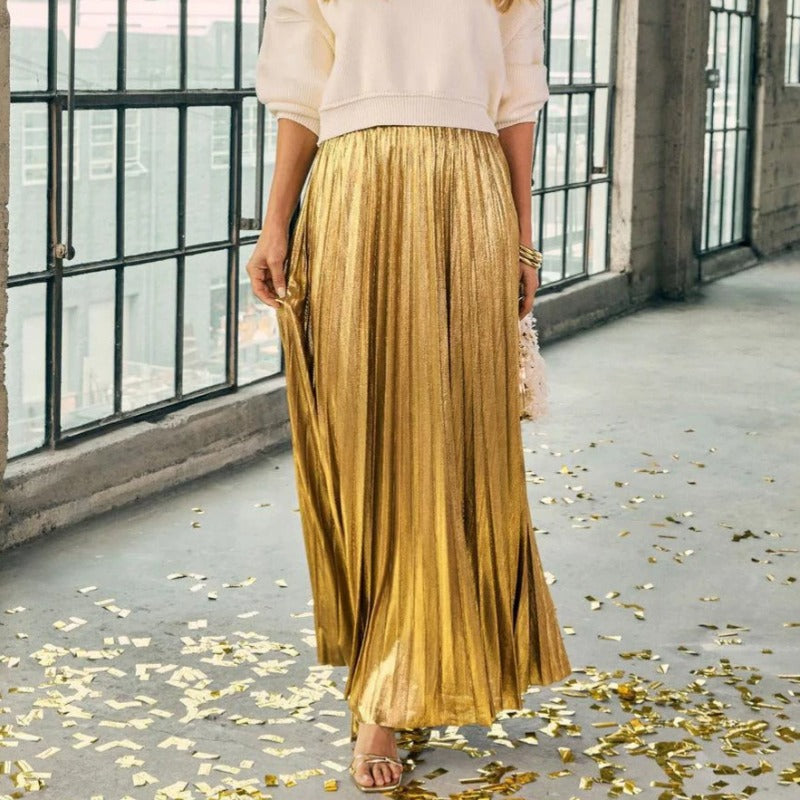 Women's pleated midi skirt wholesale - spring/summer collection. plus size, high waist, flowy, gold beach skirt for women - european & american style