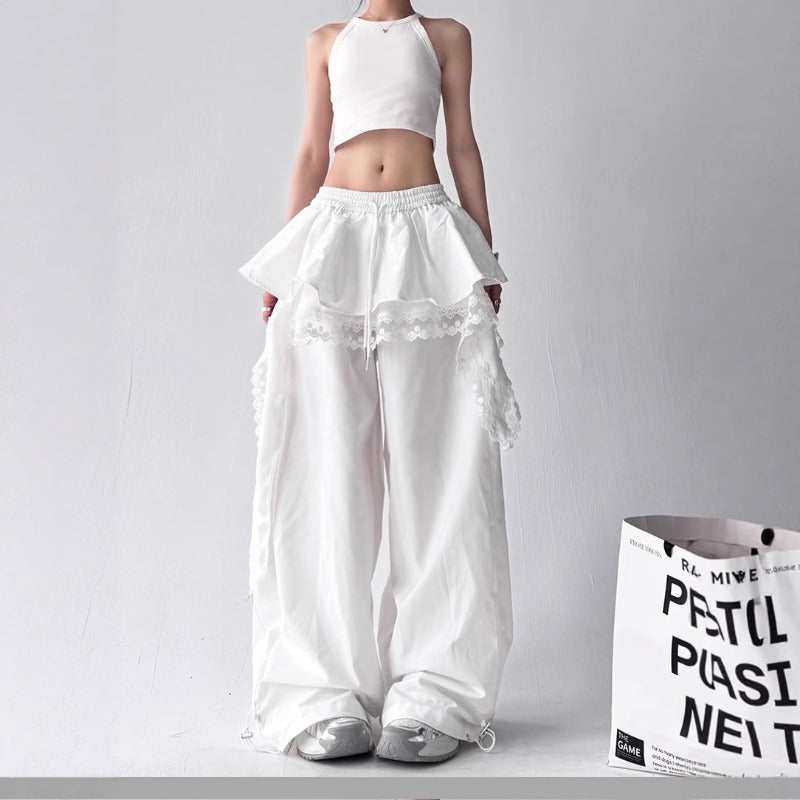 Women casual pants lace stitching women's loose overalls