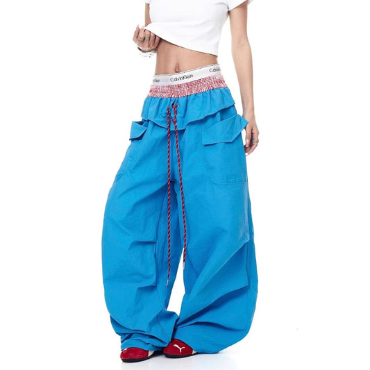 Women casual pants splicing women loose double waist