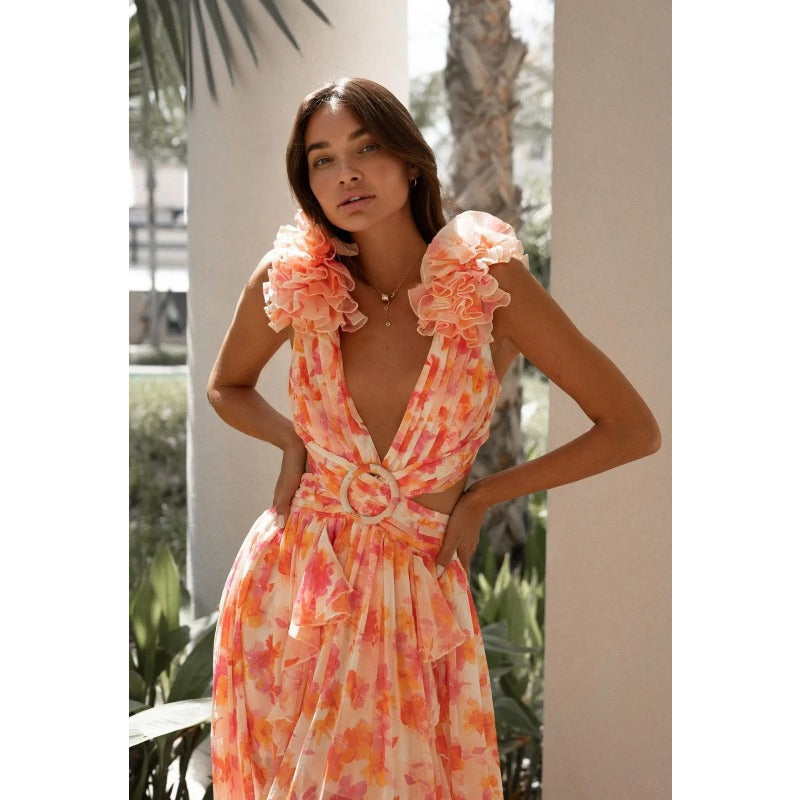 Women's dress - amazon us & europe style - instagrammable vacation maxi dress - cutout, slim fit, deep v neck, ruffle trim, floral print, open back dress