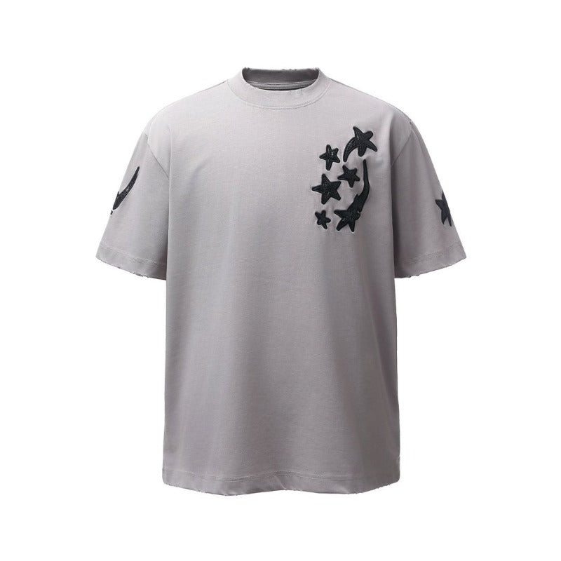 Men's t-shirts: american retro heavyweight double yarn embroidered graphic crew neck design, men's high street oversized short sleeve tee