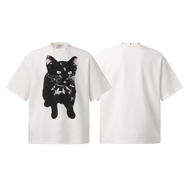 Men t shirts t american retrocouple street trendy waffle grids graffiti cat design high street men's loose small round neck t-shirt