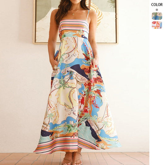 Women's dress - amazon spring/summer european & american style - high-waisted, printed, holiday-inspired, maxi swing dress with spaghetti straps
