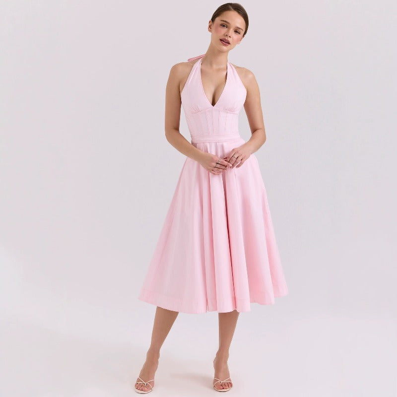 Women's dress: summer amazon hot seller - slim waist, halter neck, structured, backless, drawstring tie, bandeau, spaghetti strap dress