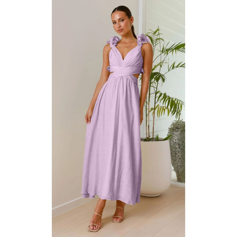 Women's chiffon floral dress - summer bestseller: backless, criss-cross tie, ruched, maxi dress