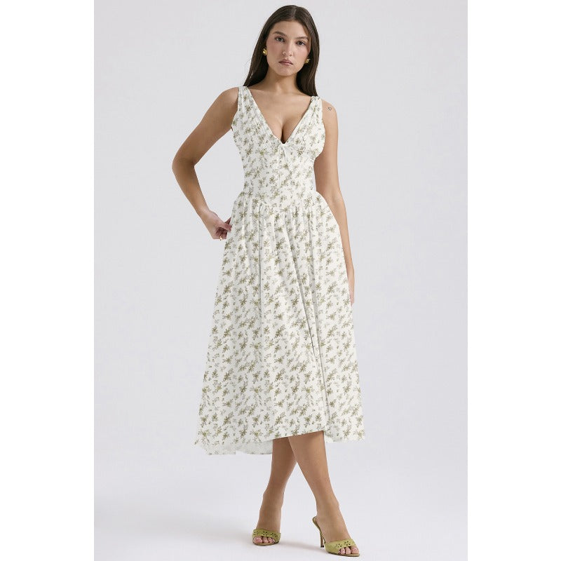 Women's dress - standalone store summer slim-fit camisole maxi dress - european & american style fashion print v-neck elegant dress