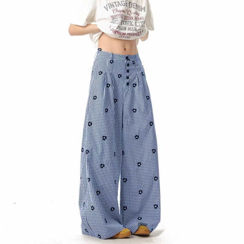 Women casual pant summerloose blue grids pattern embroider