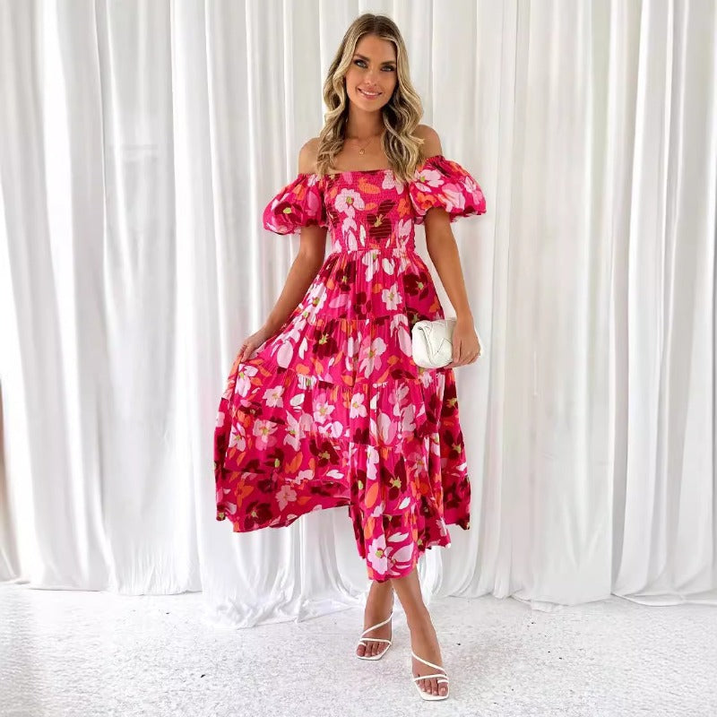 Women's dress: bestselling spring/summer one-shoulder printed puffy sleeve a-line dress for cross-border e-commerce (us/european platforms)