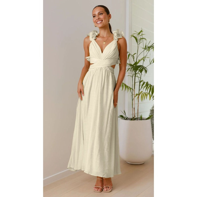 Women's chiffon floral dress - summer bestseller: backless, criss-cross tie, ruched, maxi dress
