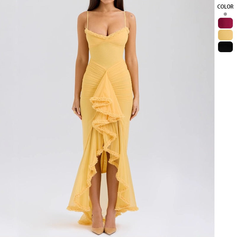 Women's dress - new summer collection: elegant yellow spaghetti strap lace maxi dress - hot girl style - wholesale foreign trade source - dress