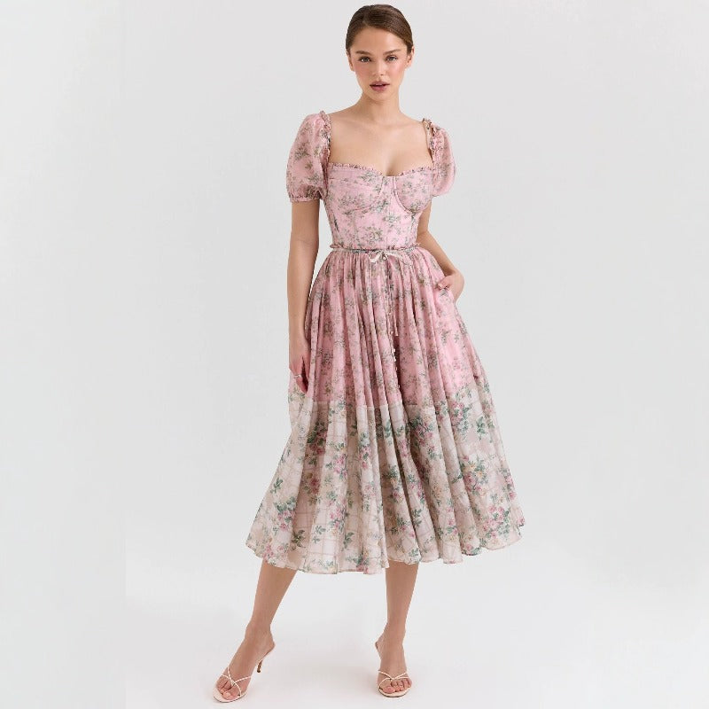 Women's dress - cross-border temu style - puff sleeve - amazon & independent website - ladies' floral print - pleated skirt
