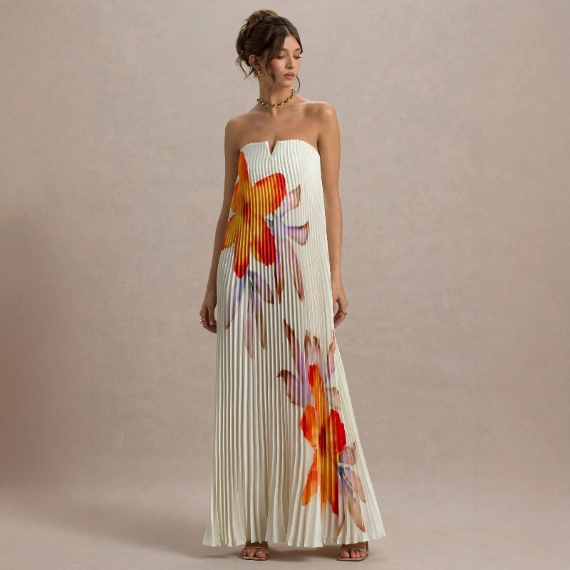 Women's dress - amazon independent site, cross-border e-commerce, european & american export, printed bandeau, loose fit, heavily pleated, long maxi dress for women