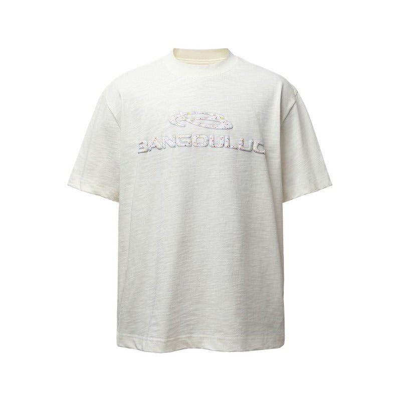 Men's t-shirts: american retro heavyweight double yarn padded print crew neck design, men's high street oversized short sleeve tee