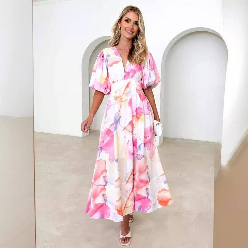 Women's dress - amazon cross-border fashion - european & american style - summer floral print - bubble sleeve a-line maxi dress - elegant dress