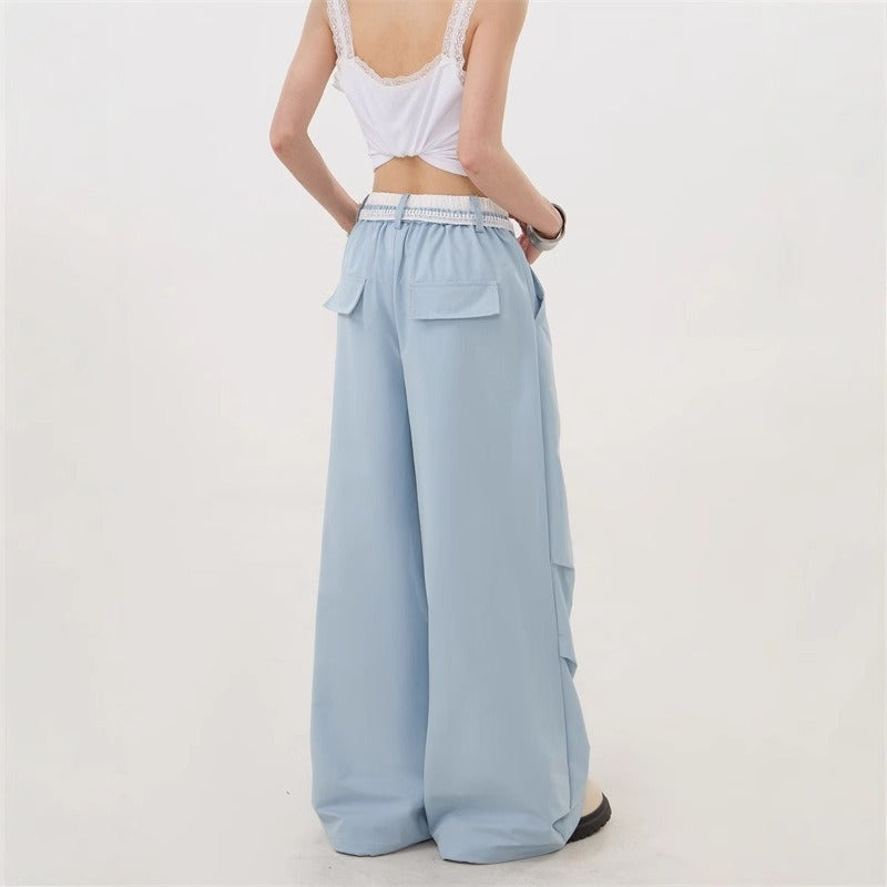 Women casual pants high waist double waist splicing women's summer loose