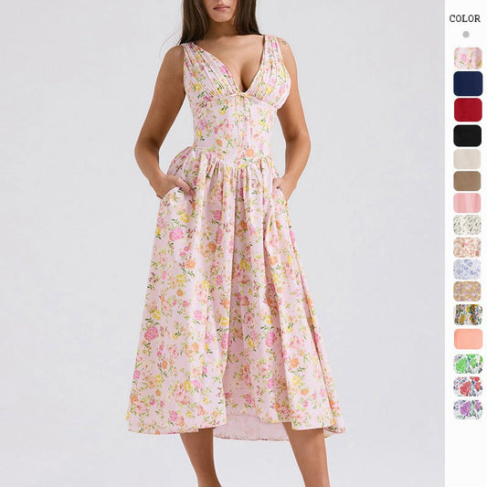 Women's dress - standalone store summer slim-fit camisole maxi dress - european & american style fashion print v-neck elegant dress