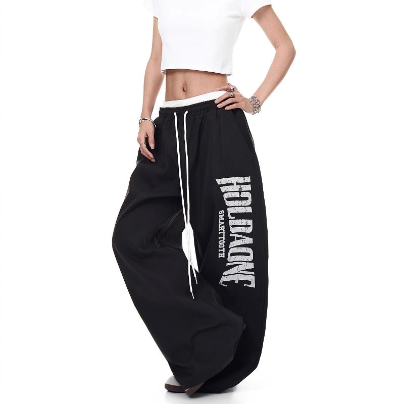 Women casual pants retro double waistband loose