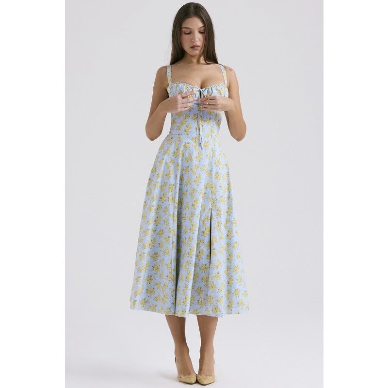 Women's dress: european and american cross-border summer sexy backless slim-fit cami dress, vacation-style floral print slit midi dress